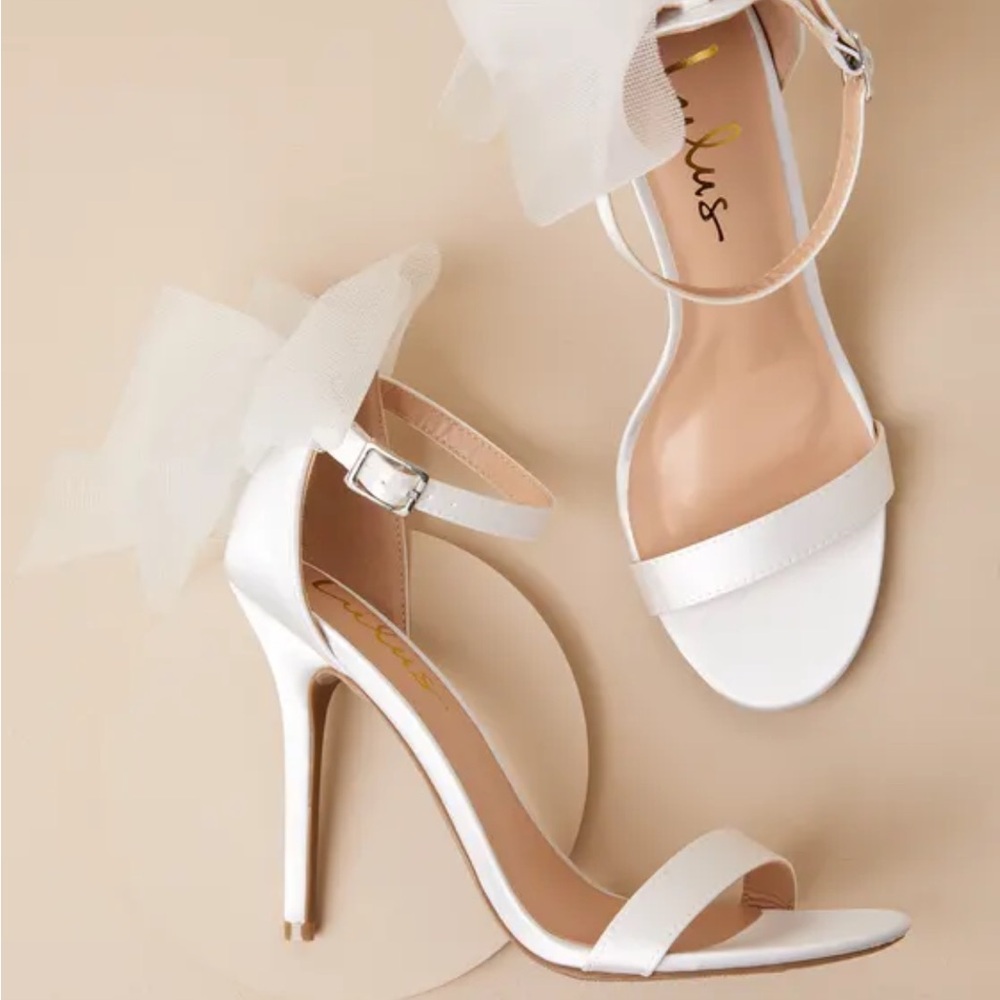 White Ayanna Ivory Satin Bow Ankle Strap High Heel Sandals